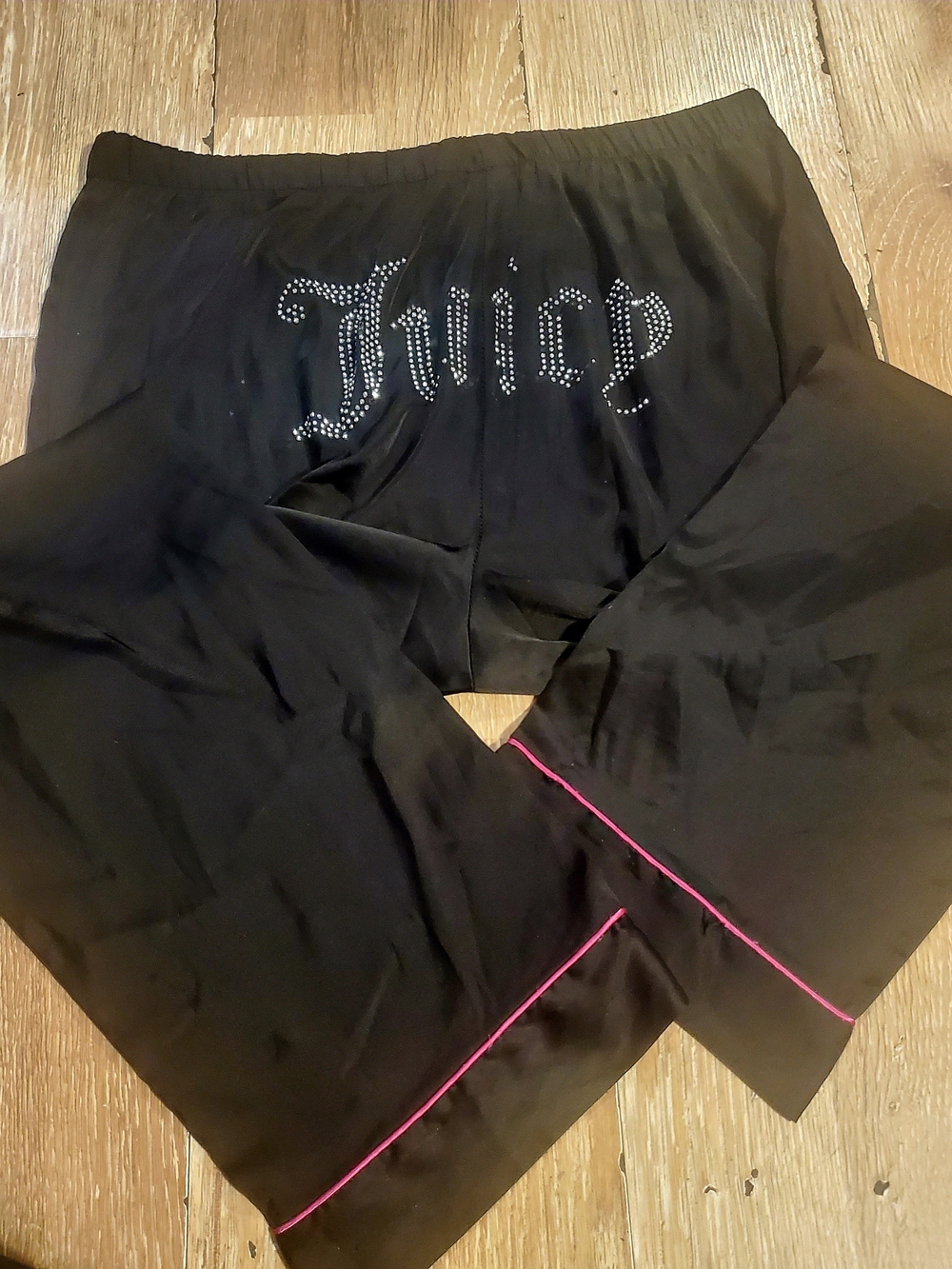 Juicy Couture Black Satin Rhinestone Logo Wide Lef Pants with Hot Pink Trim